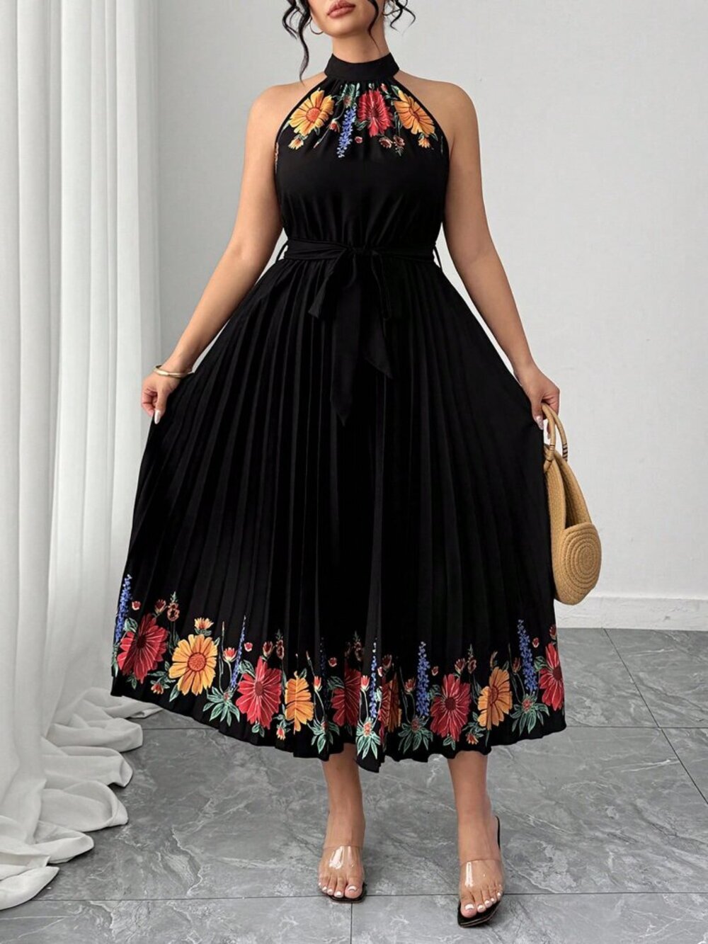 Multicolor Elegant Women's Floral Print Ruched Waist Cinched Halter Dress - Picture 6 of 7